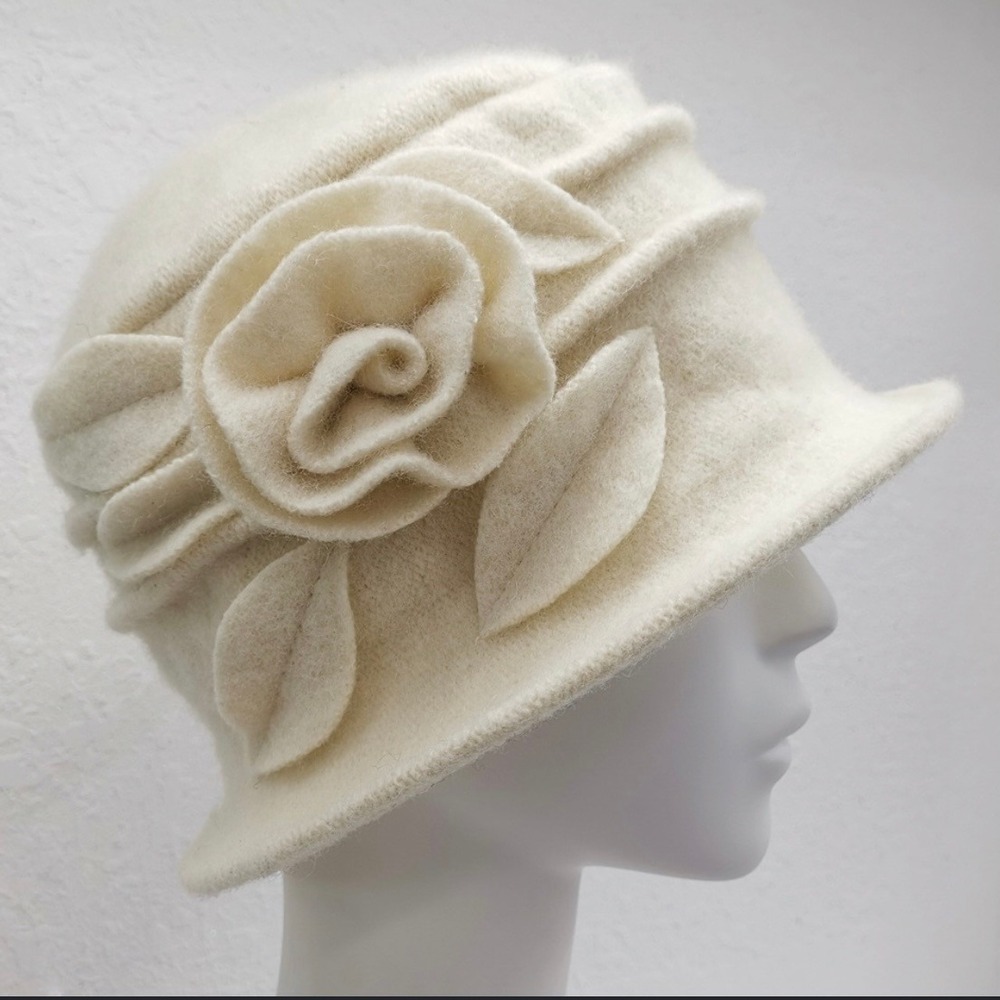 Cream Wool Blend Cloche Hat 1920s Style Floral Rose Accent Bucket Hat